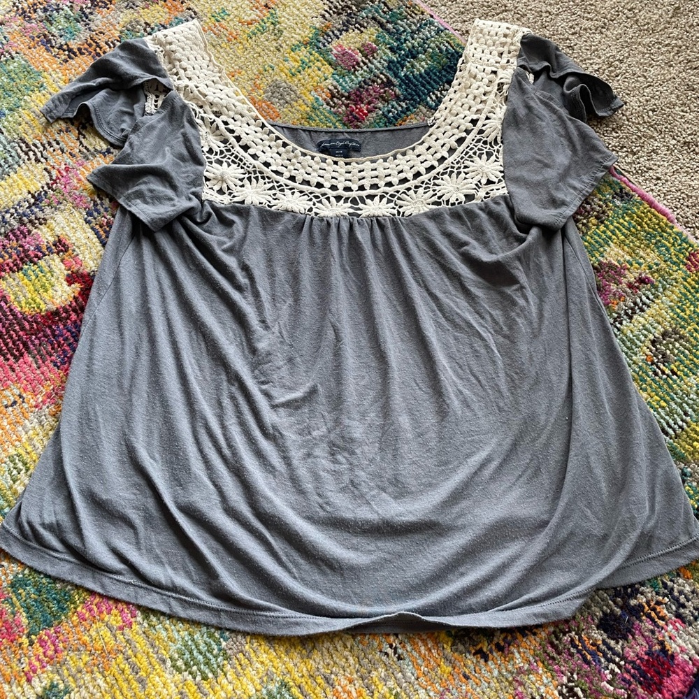 American Eagle Outfitters Gray Blouse with Crochet Detail